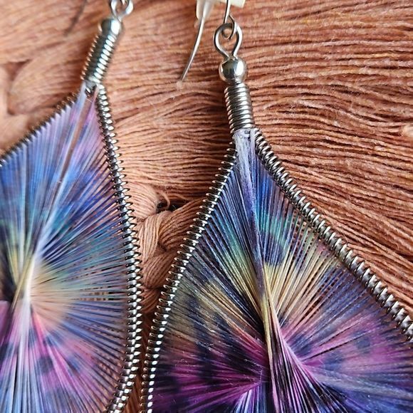 Large Teardrop Dangling Multicolor String Wrapped Earrings - Picture 7 of 14